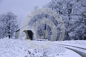 Covered bridge in the snow