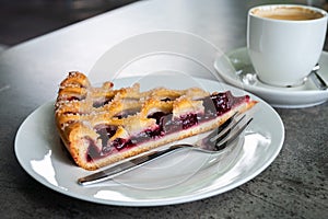 Covered cherry pie with a coffee, Helden, The Netherlands