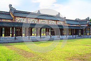 Covered corridors with opened shutters to the Citadel. Imperial City Hue, in the Forbidden City of Hue, Vietnam