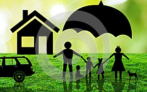 Covered Family Paper cut Concept. happy paper family under umbrella with house and car in nature grass and blurry green background