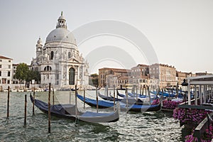 Covered gondolas on on a venetian Canal, Venice, Italy