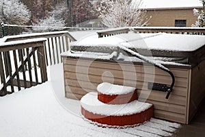 Covered hot tub on a residential porch in a snow storm photo