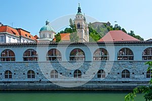 Covered marketplace at the side of river Ljubljanica in Ljubljan