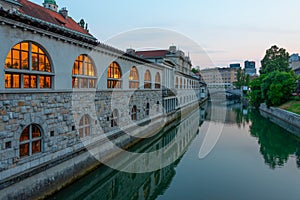 Covered marketplace at the side of river Ljubljanica in Ljubljan