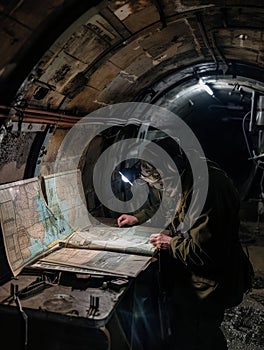 A covered naval officer stands absorbed by navigation maps in a submarine's map room, the task at hand casting a