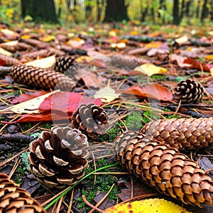 Covered with pinecones fallen leaves and pine needles during