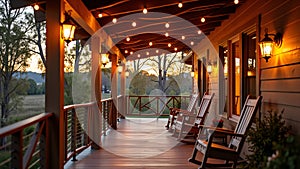 Covered Porch with Rocking Chairs and String Lights at Sunset photo
