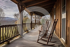 covered porch with rocking chairs and a view of the property