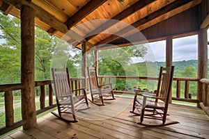 covered porch with rocking chairs and a view of the property