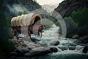 covered wagon crossing rushing river, with the water flowing downstream