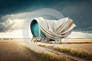 covered wagon speeding across open field with the wind in its sails