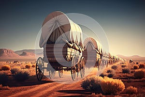 Covered wagon train, pioneers moving west, illustration generative AI