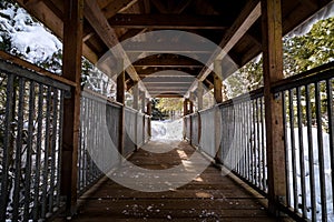 Covered wooden bridge at Brandywine Falls Provincial Park.