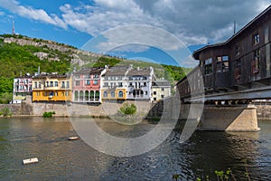 Covered wooden bridge in the town of Lovech in Bulgaria over the