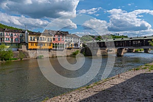 Covered wooden bridge in the town of Lovech in Bulgaria over the