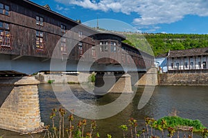 Covered wooden bridge in the town of Lovech in Bulgaria over the