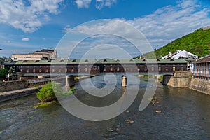 Covered wooden bridge in the town of Lovech in Bulgaria over the