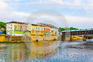 Covered wooden bridge in the town of Lovech in Bulgaria over the Osam river...IMAGE