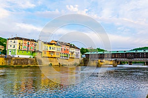 Covered wooden bridge in the town of Lovech in Bulgaria over the Osam river...IMAGE