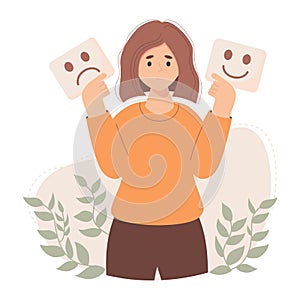 Covering emotions, searching identity. Cute woman trying on masks with happy or sad expressions. Vector illustration in