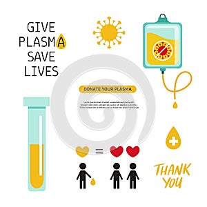 Covid-19, 2019-nCoV virus. Vector Plasma Donation volunteer infographic, symbols, icons. Disease epidemic of pneumonia