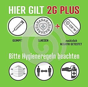Covid-19 2G PLUS rules and hygiene measures sign in German language