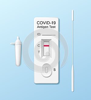 COVID-19, Antigen Testing Kits. Coronavirus rapid test design on blue background