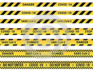 Covid-19 black and yellow caution, danger tape, vector illustration