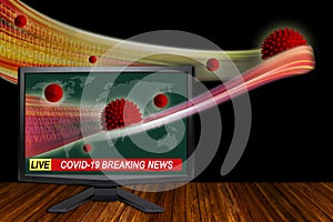 COVID-19 Breaking News Concept With Information Wave Flowing Out of TV Monitor