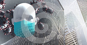 Covid-19 cells and 3D human head model wearing face mask against tall buildings