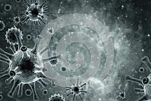 COVID-19 corona virus background, 3d illustration, microscopic view of SARS-CoV-2 coronavirus or flu virus in cell. Concept of