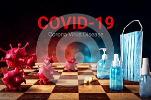 Covid-19 Corona Virus Disease battle medical face mask and alcohol hand sanitizer gel for hygiene spread protection on chess