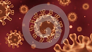 COVID-19 Corona virus with spike glycoprotein are floating on the air . Dark red color background . 3D rendering