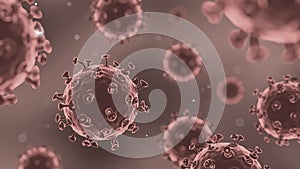 COVID-19 Corona virus with spike glycoprotein are floating on the air . Dark red color background . 3D rendering