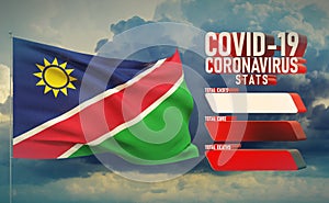 COVID-19 Coronavirus 2019-nCov Statistics Update - table letter typography copy space concept with flag of Namibia. 3D