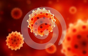 COVID-19 coronavirus background, microscopic view of SARS-CoV-2 corona virus in blood, 3d illustration. Research of coronavirus
