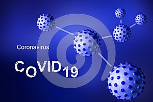 COVID-19 coronavirus banner, 3d illustration. COVID disease germs on blue background. Deadly SARS-CoV-2 corona virus global