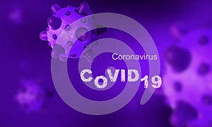 COVID-19 coronavirus banner, microscopic view of SARS-CoV-2 corona virus in cell, 3d illustration. Research of coronavirus