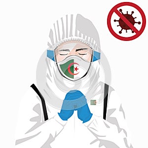Covid-19 or Coronavirus concept. Algerian medical staff wearing mask in protective clothing and praying for against Covid-19 virus
