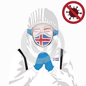 Covid-19 or Coronavirus concept. Icelandic medical staff wearing mask in protective clothing and praying for against Covid-19