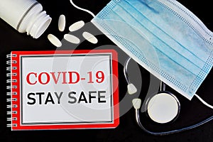 COVID-19 coronavirus infection, stay safe-label on medical form.