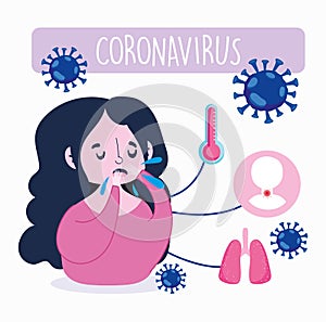 Covid 19 coronavirus infographic, girl with dry cough, fever,
