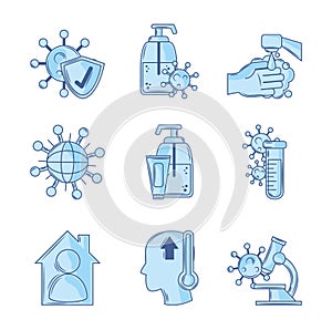 Covid 19 coronavirus investigation research science icons blue