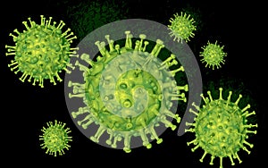 COVID-19 Coronavirus microscopic, green virus with black background