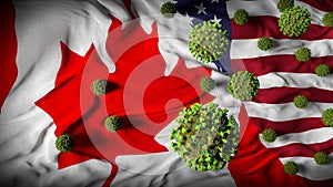 COVID-19 Coronavirus Molecules on Canadian US Flag - Health Crisis with Rise in COVID Cases - Canada USA Virus Pandemic