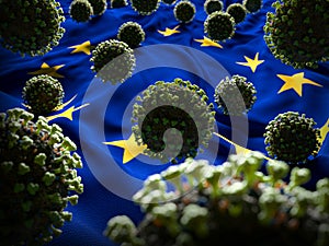 COVID-19 Coronavirus Molecules on European Union Flag - Health Crisis Rising COVID Cases - Europe Virus Pandemic Casualties