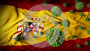 COVID-19 Coronavirus Molecules on Spanish Flag - Health Crisis with Rise in COVID Cases - Spain Virus Pandemic