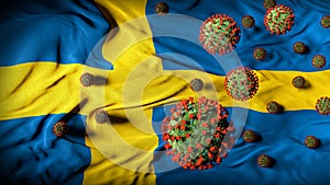COVID-19 Coronavirus Molecules on Swedish Flag - Health Crisis with Rise in COVID Cases - Sweden Virus Pandemic