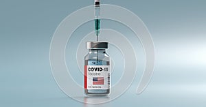 COVID-19 Coronavirus mRNA Vaccine and Syringe with flag of the USA America on the label. Concept Image for SARS cov 2 infection