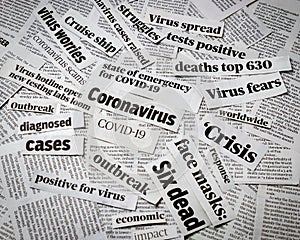 Covid-19 coronavirus newspaper headlines clippings .  Print media isolated